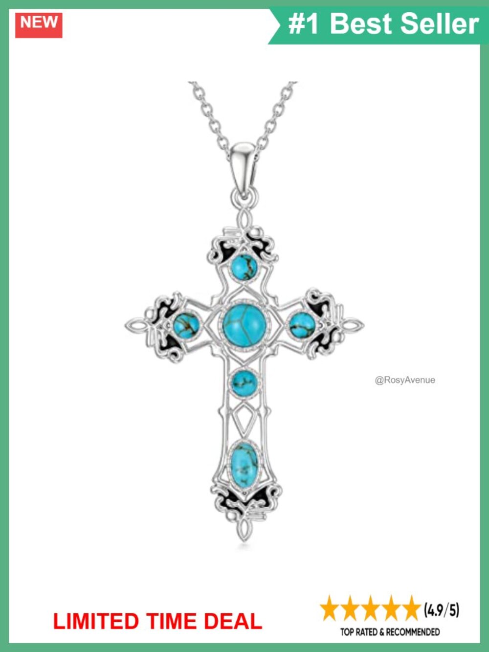 925 Sterling Silver Cross Necklace Natural Turquoise Pendant Gothic